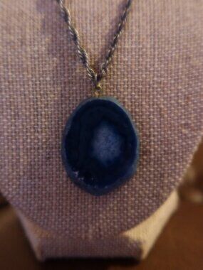 Blue agate and oxidized sterling silver rope chain pendant necklace 18"